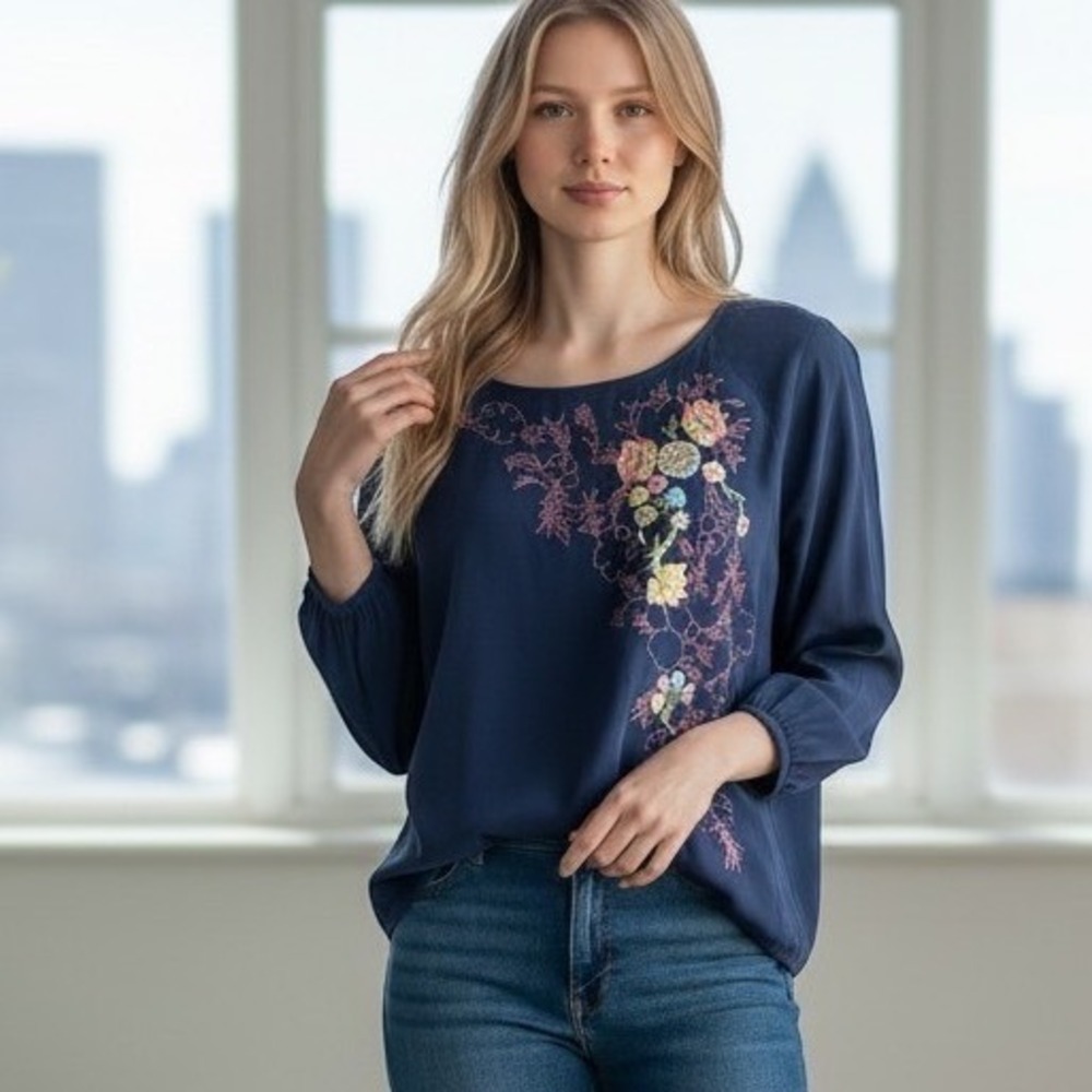 J. Jill Blouse Womens M Petite Navy Blue Good Embroidered Floral Long Sleeve Top